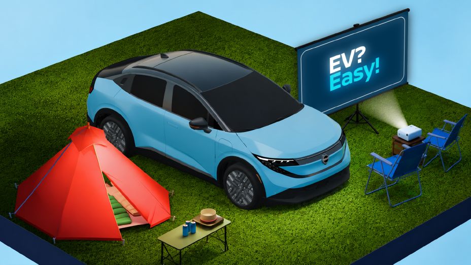 Nissan LEAF azul junto a tenda com cadeiras e projetor